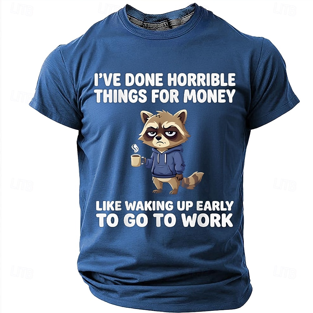 Maglietta da uomo con stampa divertente di un procione "Ho fatto cose orribili per soldi", maniche corte, girocollo, procione stanco che beve caffè, umorismo da ufficio, regalo sarcastico per del 2026 a $18.99 –P17