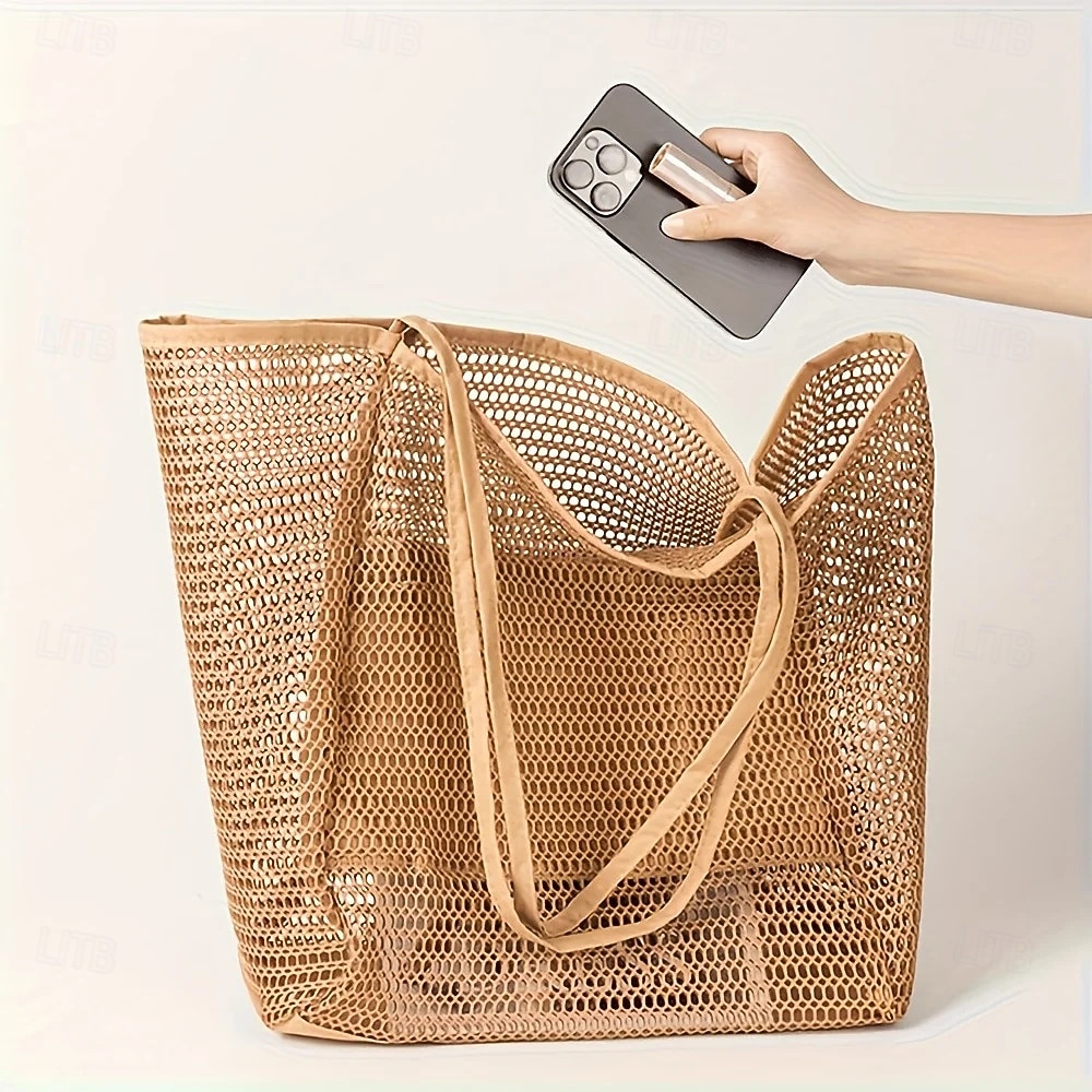 Stor strandväska i nät, sandtät förstärkt axelväska i nät med innerficka i dragkedja, sandtålig botten &bekväma remmar, lätt poolväska för kvinnor, sommarsemester, gym, resor 2026 - $14.49 –P6