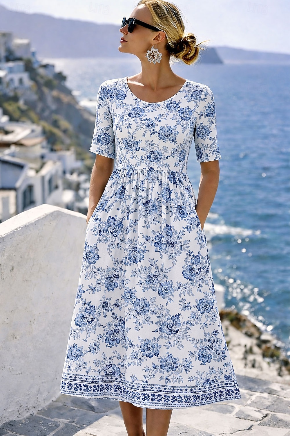 Women's Midi Dress Shift Dress Vacation Vintage Casual Regular Fit Floral Graphic Bohemian Short Sleeve Crew Neck Blue Yellow Pink Summer Spring 2026 - $33.99 –P3