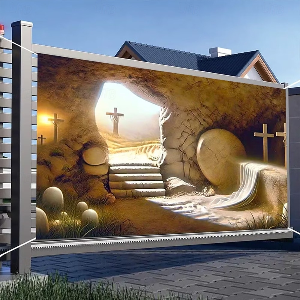 Wielkanocne zmartwychwstanie, pusty grób Jezusa, zmartwychwstał, trzy krzyże, kamień odsunięty, Golgota, święte światło, brama garażowa, baner, gobelin, tło zewnętrzne do kościoła, wystrój domu i 2026 - $20.99 –P2
