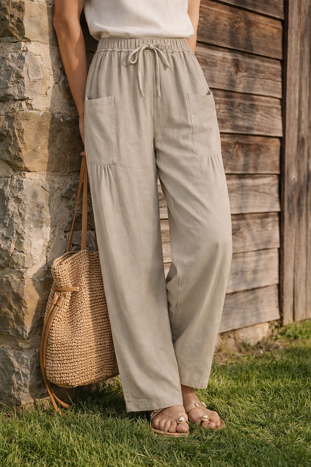 Жен. Широкие Льняные брюки Штаны Чино Отпуск Мода Классический Полная длина Нормальная Полотняное плетение Кулиска Плиссировка Карман Комфорт Легкость Дышащий Неэластичная 2026 - $19.99 –P10