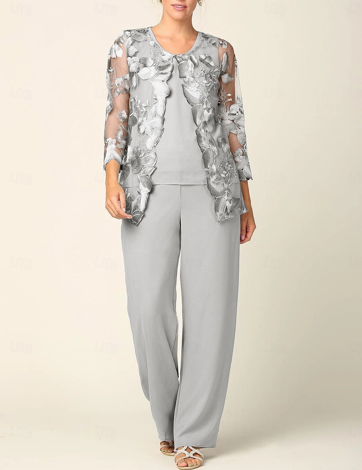 Jumpsuit Pantsuit 3 Piece Floor Length Mother of the Bride Dress Long Sleeve Crew Neck Elegant Formal Wedding Guest Chiffon Wrap Included with Lace Embroidery 2026 - $195.99 –P12