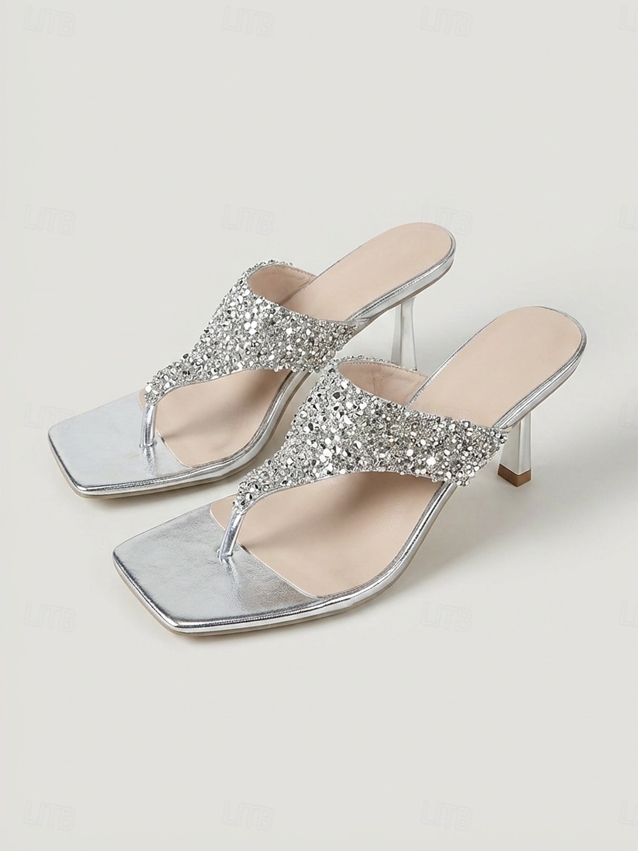 Women's Silver Rhinestone Thong Heeled Sandals - Sparkling Nightlife Party Dress Shoes 2026 - $42.99 –P4