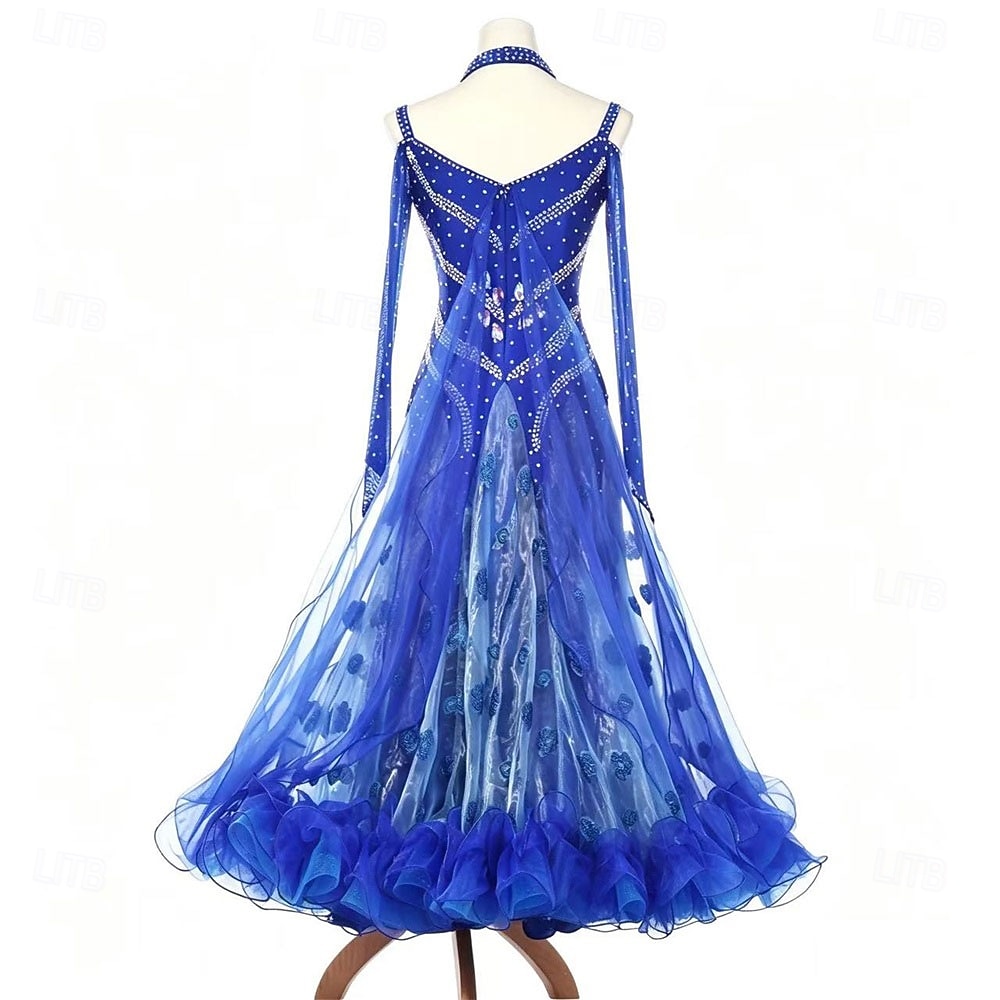 Ballroom Dance Dress Rhinestone Pleats Splicing Women's Party Training Performance Long Sleeve High Spandex Polyester 2026 - $704.49 –P2