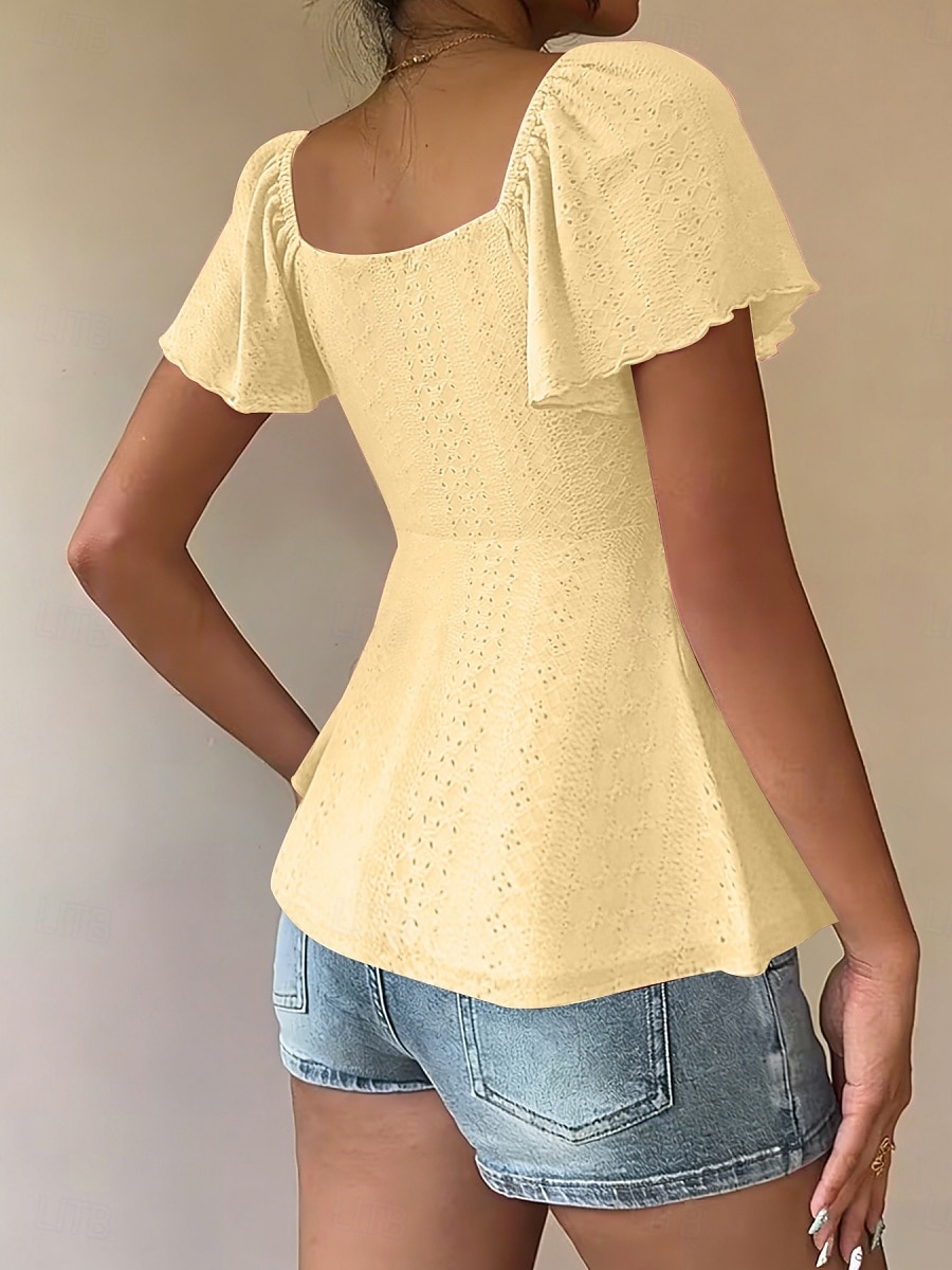 Femmes Chemisier Cordon de serrage Œillet Couleur Unie Élégant Sexy Occasionnel Manche Courte Col carré Hauts Réguliers Quotidien Noir Blanche Jaune Rose Claire Bleu Ciel Été Printemps de 2026 ? $19.99 –P9