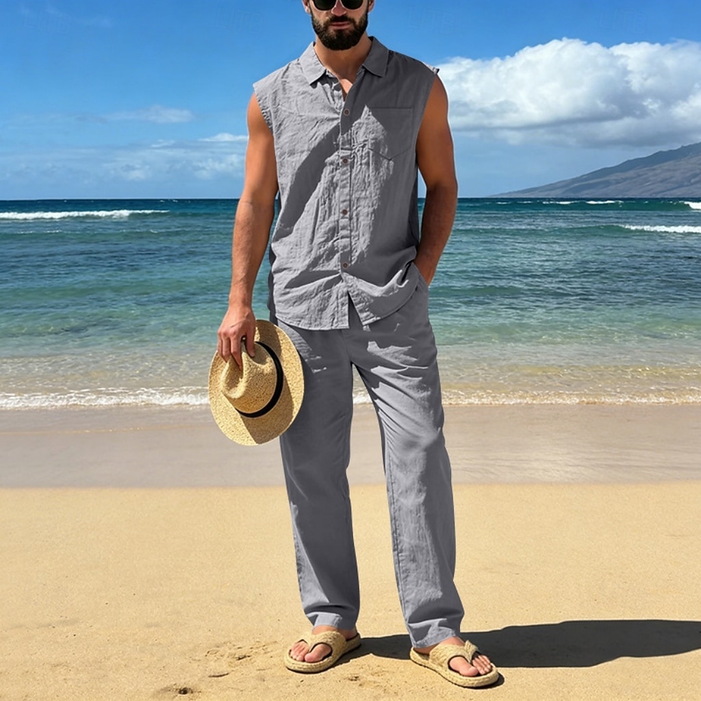 Male Linen Shirt 2 Piece Shirt Set And Linen Pants Trousers Casual Pants Set Plain Daily Outdoor Vacation Turndown Sleeveless Summer Fashion Casual Comfortable Clothing Apparel 2026 - $36.99 –P10