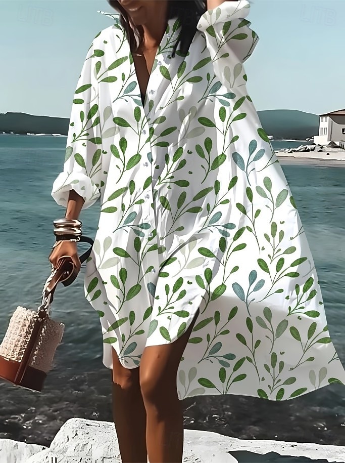 Damen Knielanges Kleid Hemdblusenkleid Freizeitkleid Sommerkleid Elegant Bohemien Urlaub Strand Lässiger Schnitt Blumen Langarm V Ausschnitt Hemdkragen Blau Gelb Hellgrün Grün Sommer Frühling 2026 - $45.99 –P1
