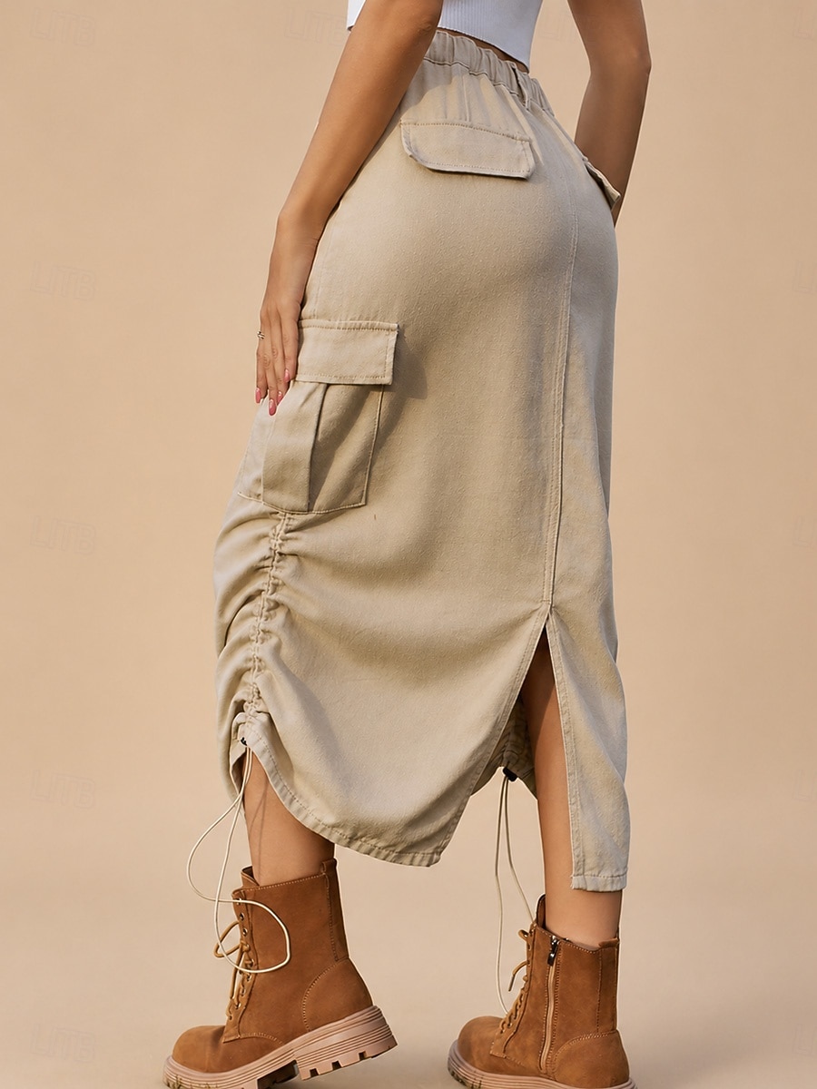 Per donna Scenette di carico Casual Midi Vita Alta Gonne Inelastico Quotidiano Cachi chiaro Nero Verde militare Estate del 2026 a $47.99 –P2