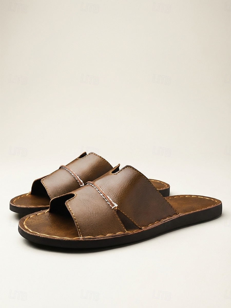 Men's Brown Faux Leather Cross-Strap Slide Sandals Lightweight Comfort Beach Shoes for Beach Vacation, Island Getaways, Seaside Relaxing, Resort Wear, and Warm Weather Casual Style 2026 - $42.99 –P4