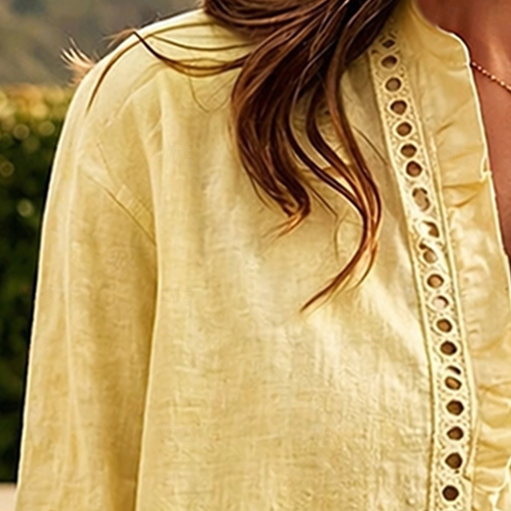 Mujer Camisa Camisa casual Abotonar la camisa Lino de algodón sintético Volante Ojal Botones Color sólido Plano Vacaciones Moda Diario Manga Larga Escote en Pico Tops regulares Ropa de calle Playa 2026 - $32.99 –P4