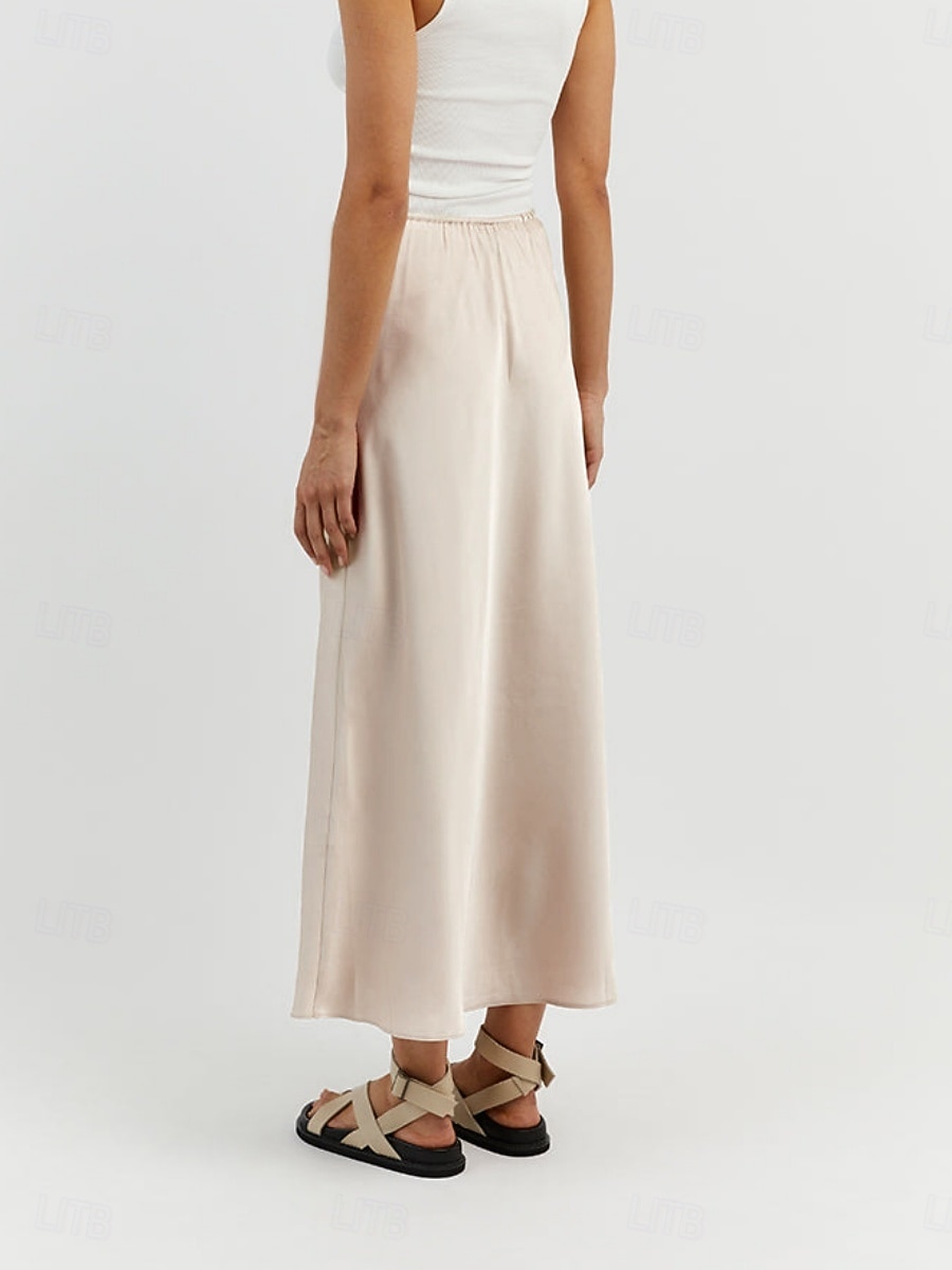 Per donna Gonne in raso Elegante Moda Maxi Vita Alta Gonne Semplice Coulisse Micro-elastico Feste Data Nero Blu marino Marrone chiaro Marrone Estate del 2026 a $40.99 –P6