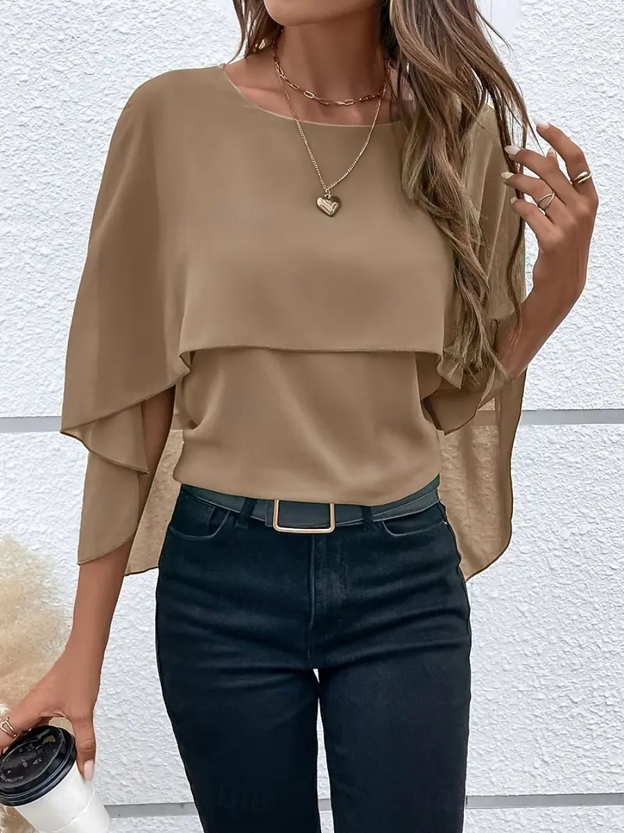 Mulheres Blusa Franzido Côr Sólida à moda Básico Casual Manga 3/4 Gola Redonda Tops regulares Diário Azul Preto Rosa Vermelho Camelo Verão Primavera Outono de 2026 por $25.99 –P1