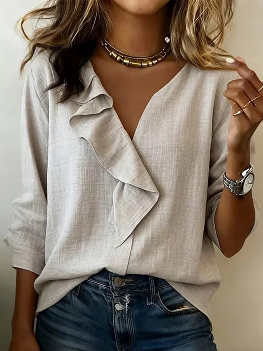 Per donna Blusa Volant Tinta unica Elegante Essenziale Casual Manica 3/4 Scollo a V Top Regolari Quotidiano Albicocca Estate Primavera Autunno del 2026 a $28.99 –P3