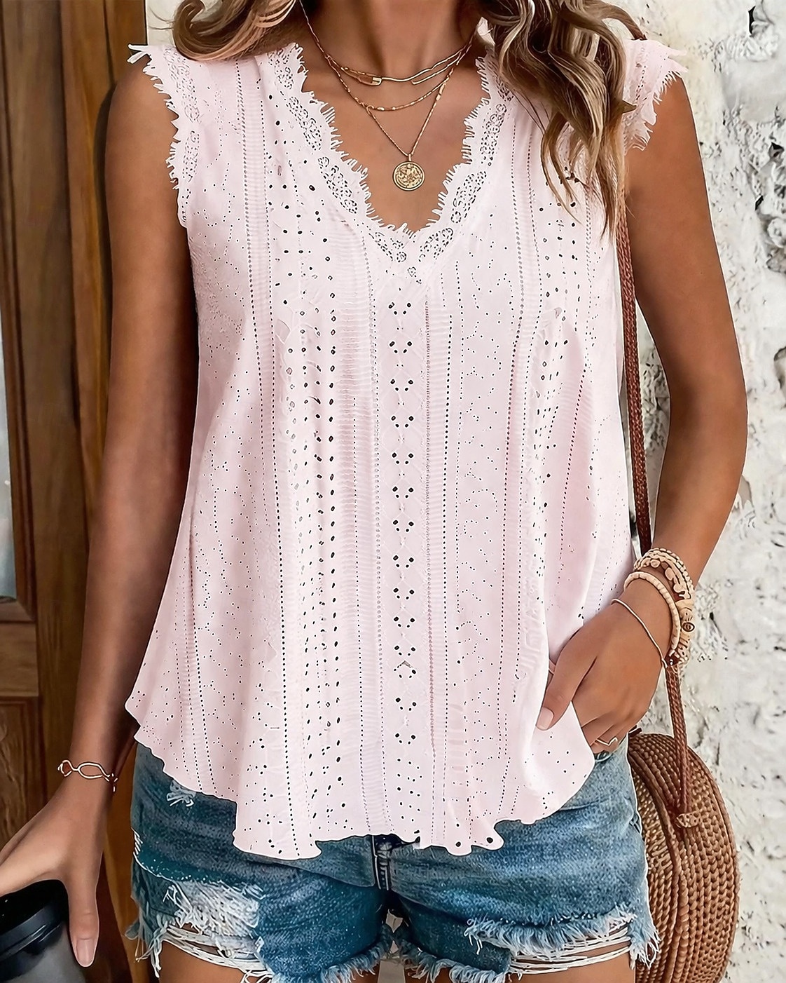 Mujer Parte superior con ojales Camiseta de punto Con Texturas Graphic Plantas Elegante Sensual Clásico Sin Mangas Escote en Pico Tops regulares Casual Diario Playa Blanco Amarillo Rosa Rosa 2026 - $24.99 –P4