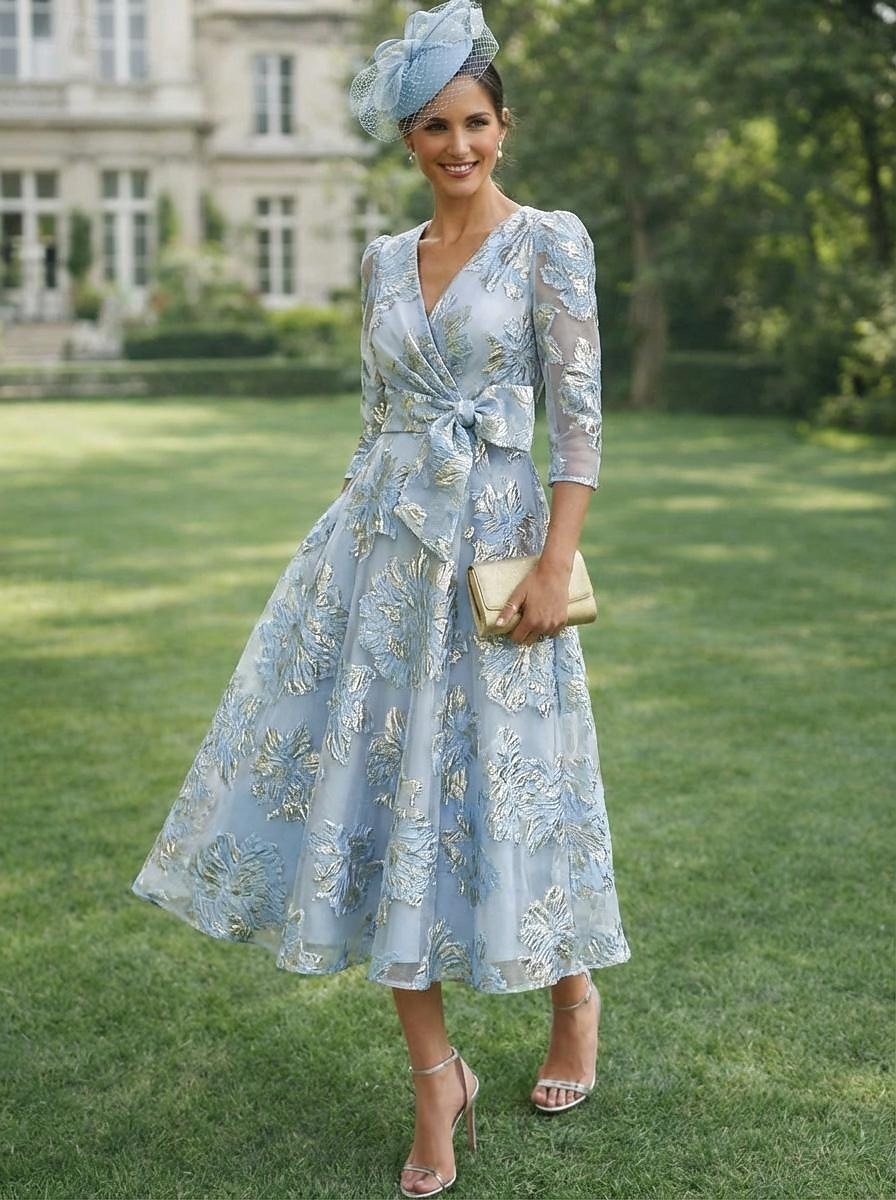 Linia -A Lungime Gleznă Lungimea ceaiului Rochie florala Rochii de cocktail Elegant Epocă Floral Manșon Lung În V Petrecere în grădină Nuntă Buzunar Satin Jaquard cu Imprimeu Floral Arc 2026 - $154.79 –P1