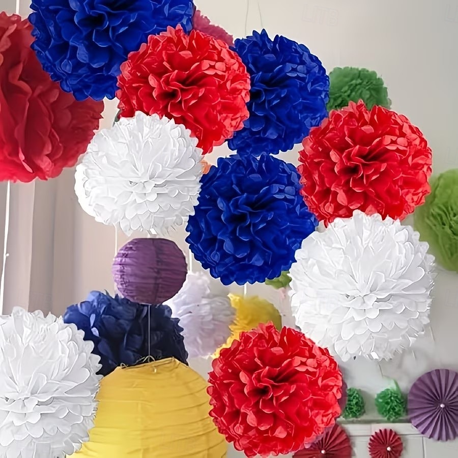 12dílná sada červených, bílých a modrých dekorací z papírových bambulek, DIY, snadná montáž, závěsná papírová květinová koule, vhodná pro stropní a nástěnnou dekoraci z papírových květin, dekorace na 2026 - $12.99 –P3