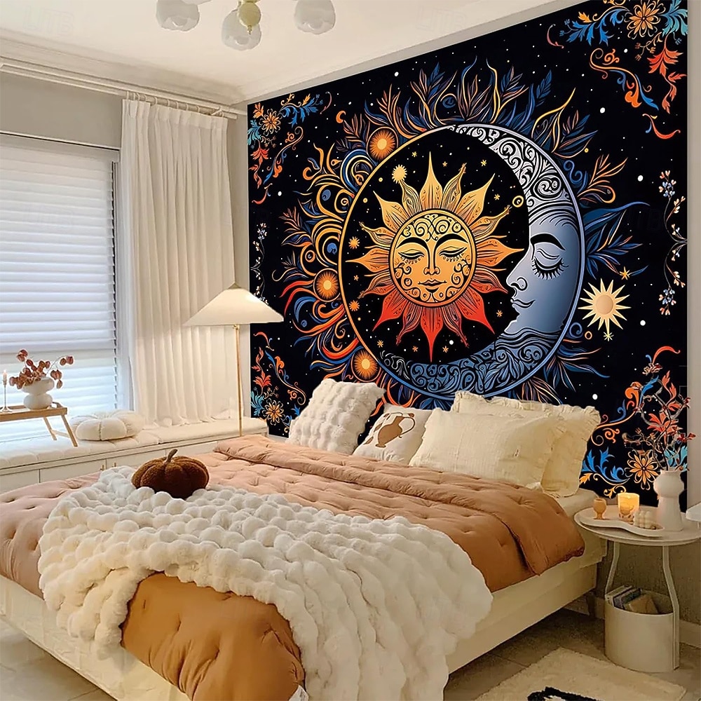 Boho mandala wandtapijt met halve maan, sterrenhemel en bloemen, wanddecoratie in verbrand oranje, hippie-psychedelische stijl, grote stoffen poster voor slaapkamer, studentenkamer, woonkamer, yoga en 2026 - $20.99 –P2