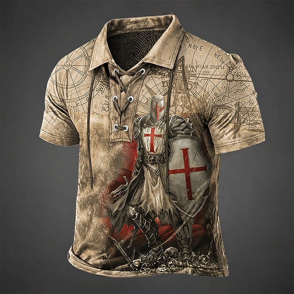 Hombre Cruz Templaria Camisetas polo Manga Corta Camisas de polo cuello con cordones Vintage Casual Ropa de calle Ropa Cotidiana Impresión 3D Malla Transpirable Primavera verano Negro Marrón Gris 2026 - $22.99 –P1