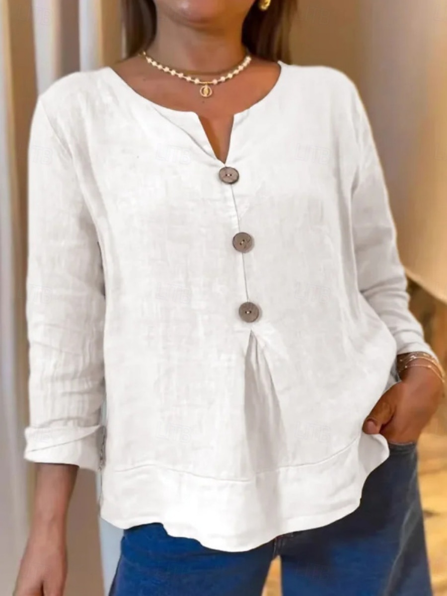 Femmes Chemise Chemise en coton et lin Chemisier Boutons Uni Élégant Classique Moderne manche longue Col en V Hauts Réguliers Quotidien Fête Sortir Bleu Noir Blanche Vert Abricot Été Printemps de 2026 ? E£1475.35 –P1