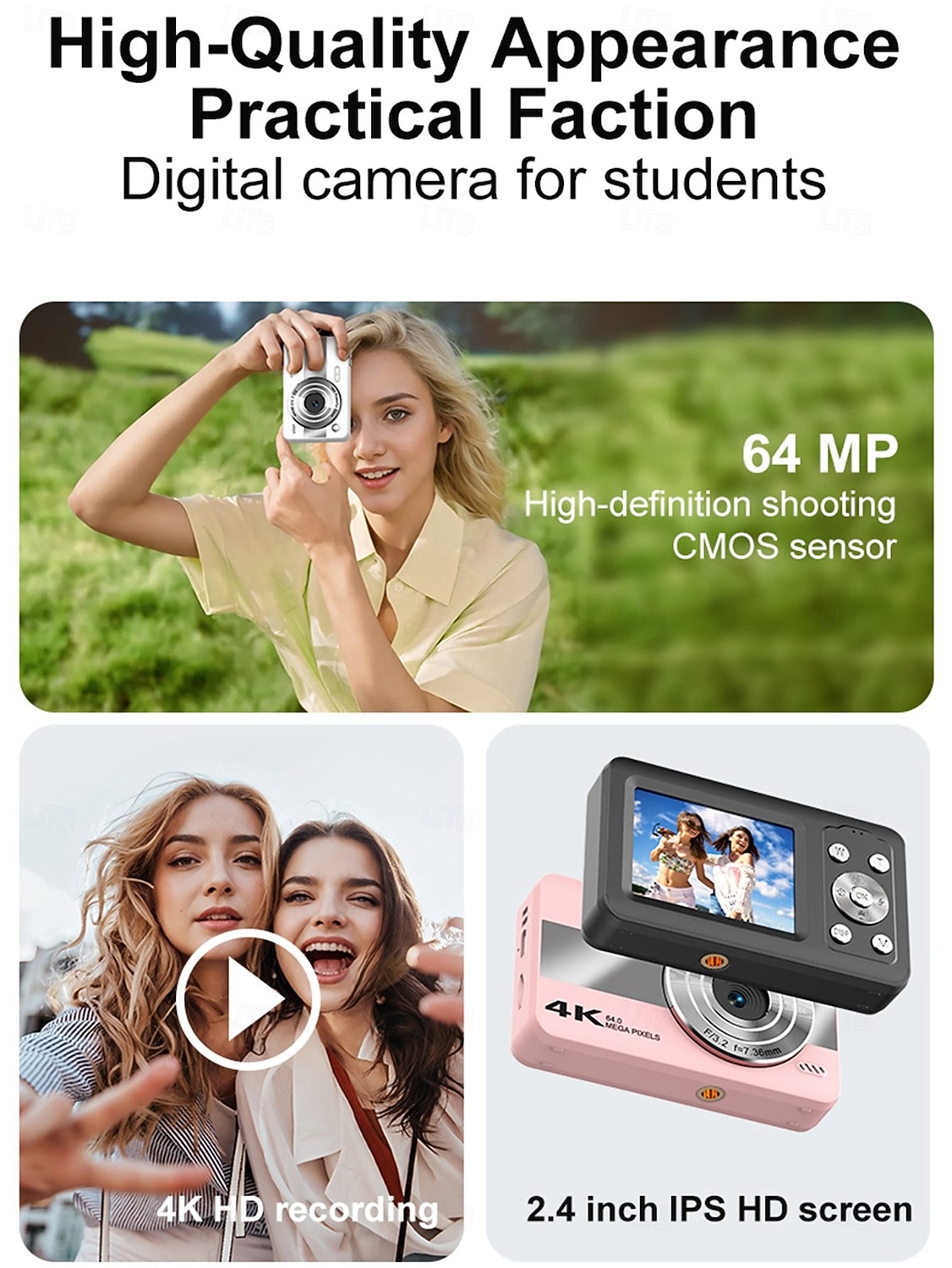 4K Digital Camera for Photography, 64MP Vlogging Camera for YouTube with 16X Zoom, Compact Point and Shoot Camera for Kids Teens Beginners Students, Portable Travel Camera with Fill Light 2026 - $51.99 –P2