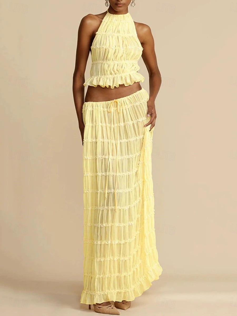 Women's Two Piece Sets Skirt Sets Sleeveless Halter Neck Solid Color Plain Patchwork Fashion Streetwear Casual Daily Outdoor Blue Black Yellow Summer Regular Fit 2026 - $33.99 –P5
