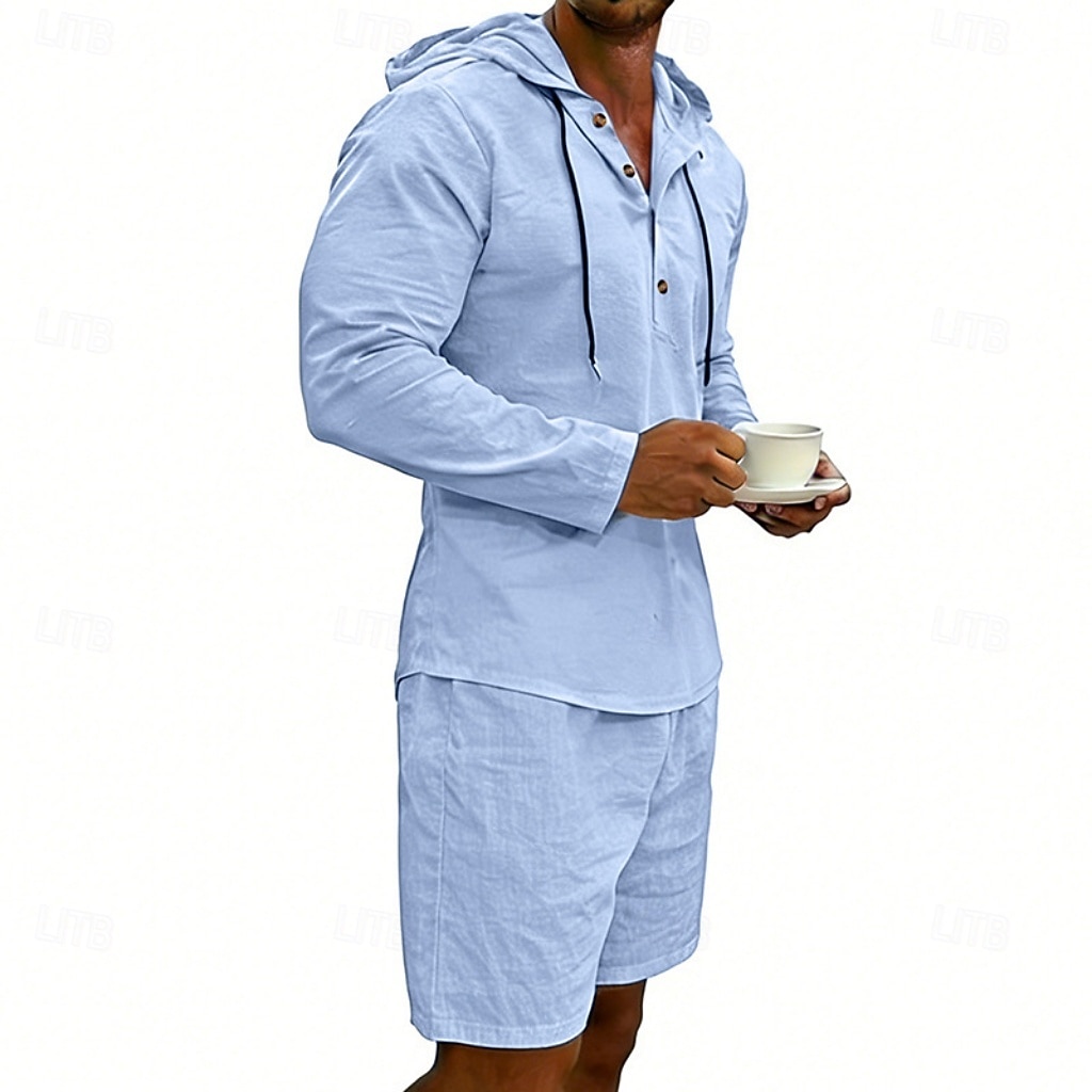 Herre Linskjorte 2 deler Popover skjorte Og Shorts Lin Shorts Strandshorts Sett عادي Daglig utendørs Feriereise Med hette Langermet Sommer Mote Fritid Bekvem Klær 2026 - $36.99 –P2