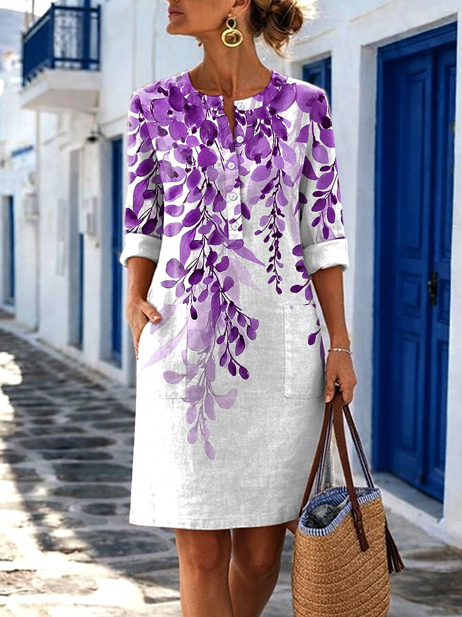 Dames Knielengte jurk Casual jurk Vintage Casual Feestdagen Normale pasvorm Bloemig Grafisch Lange mouw Strakke ronde hals blauw Rood Paars Groen Zomer Lente 2026 - $36.99 –P2