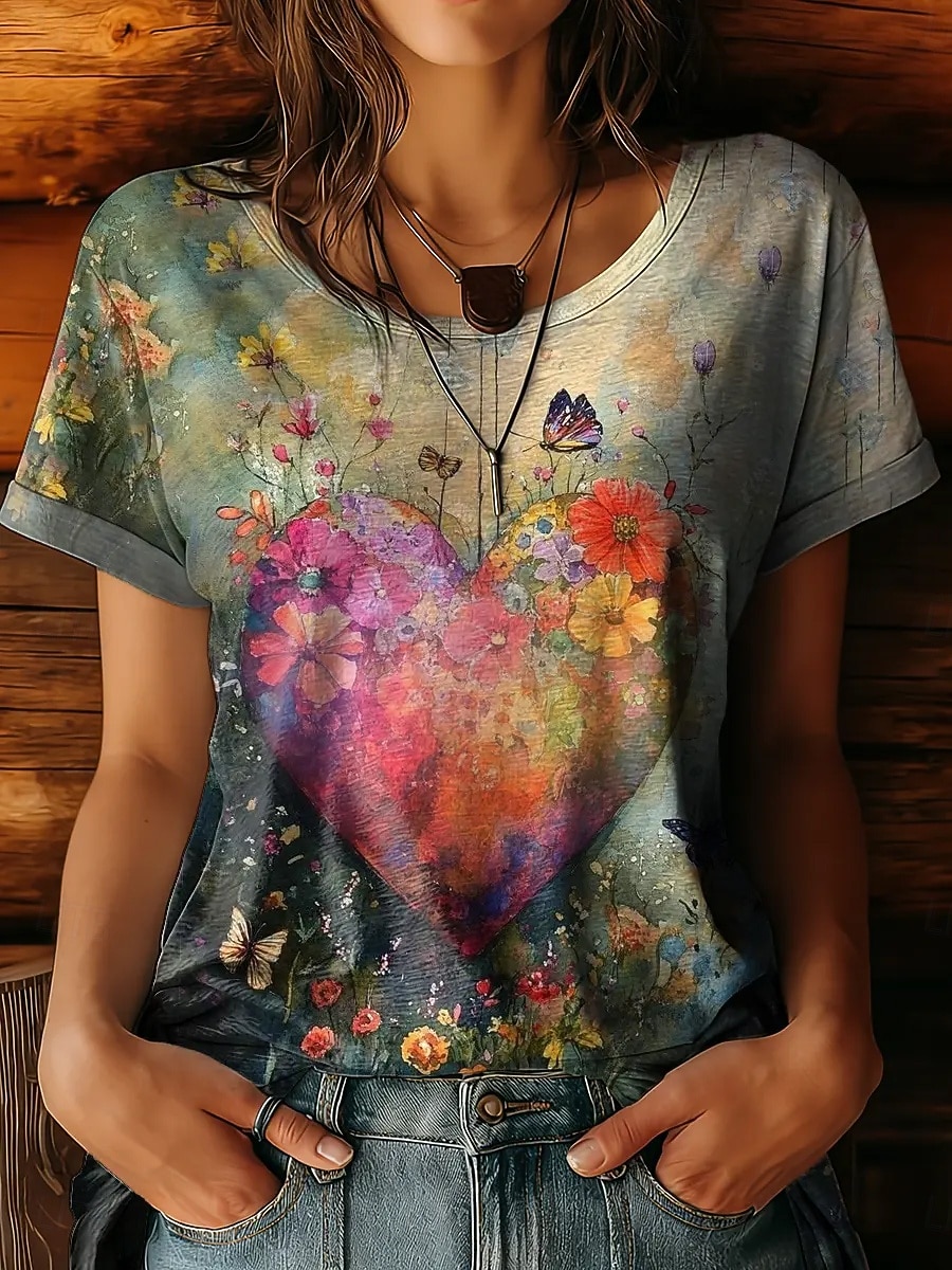 Damen T Shirt Druck Herz Blumen Grafik Vintage Stilvoll Klassisch Kurzarm Rundhalsausschnitt Rundhals Normale Oberteile Lässig Täglich Rote Grün Sommer Frühling 2026 - $22.99 –P2