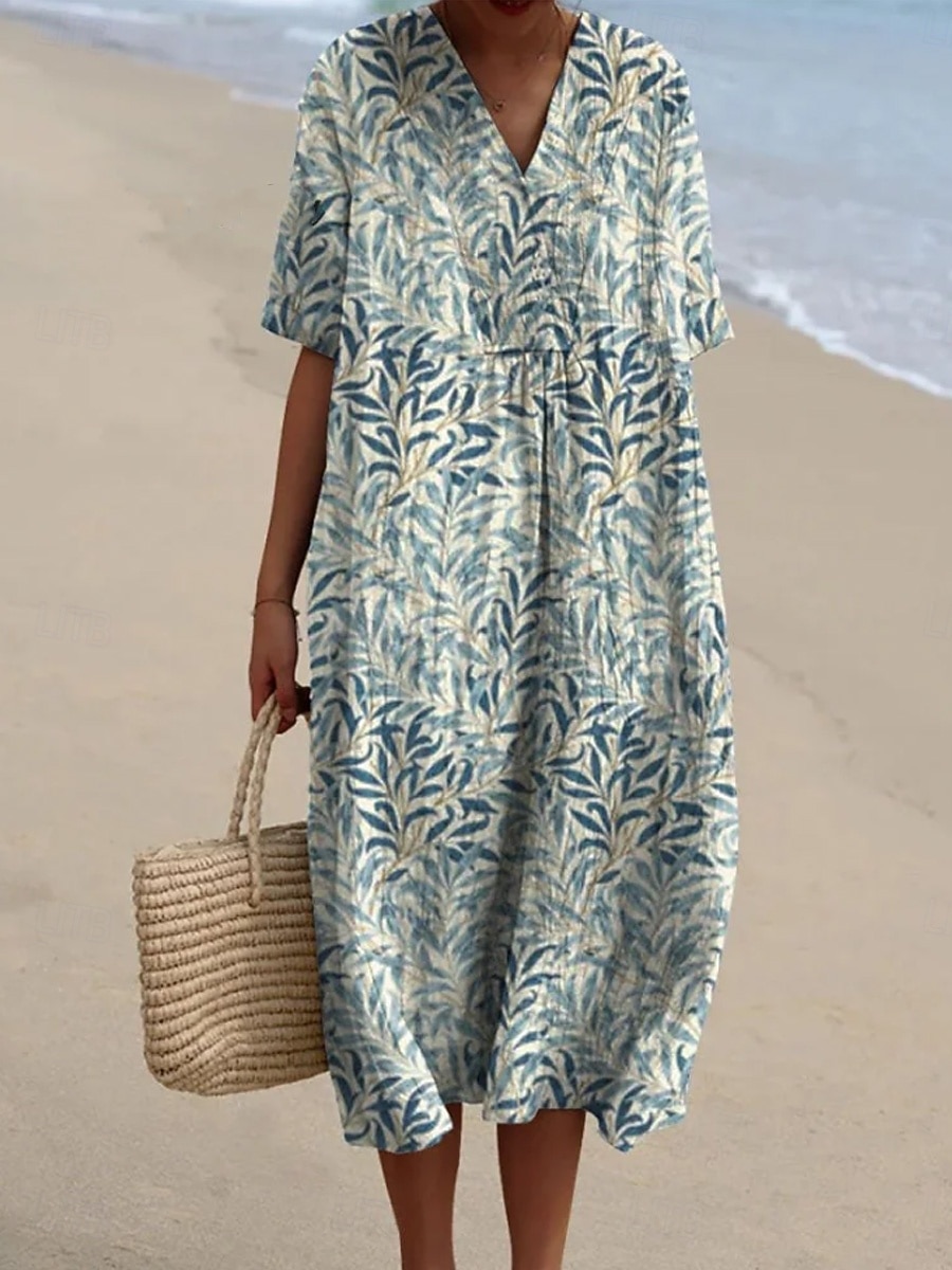 Women's Midi Dress Shift Dress Sundress Vacation Casual Beach Daily Going out Loose Fit Ombre Floral Graphic Short Sleeve V Neck Champagne Light Green Green Beige Summer Spring 2026 - $39.99 –P4