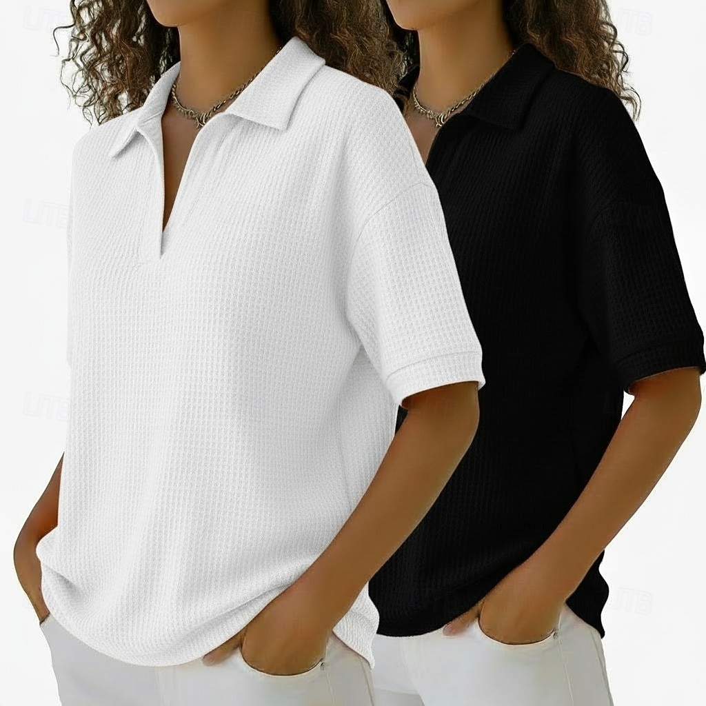 Wielopak 2 szt. damskich koszulek z waflowym wzorem, koszulki polo, T-shirty, dzianinowe topy z waflowym wzorem, proste, modne, podstawowe, klasyczne, z krótkim rękawem, z kołnierzykiem, zwykłe topy, codzienne, plażowe, żółte i pomarańczowe 2026 - $41.99 –P4