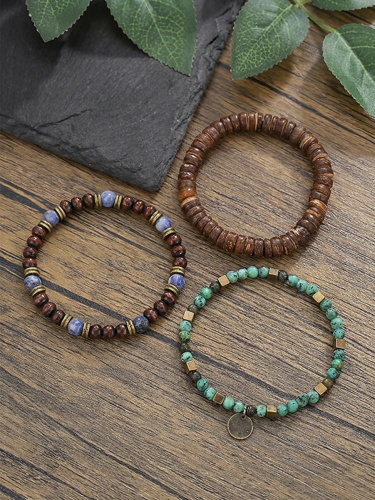 Σετ ανδρικών βραχιολιών μποέμ με τυρκουάζ κέλυφος καρύδας και ξύλινες χάντρες, 3 τεμάχια ελαστικά βραχιόλια που στοιβάζονται για διακοπές στην παραλία, casual καλοκαιρινά ρούχα και καθημερινή χρήση 2026 - $11.99 –P4