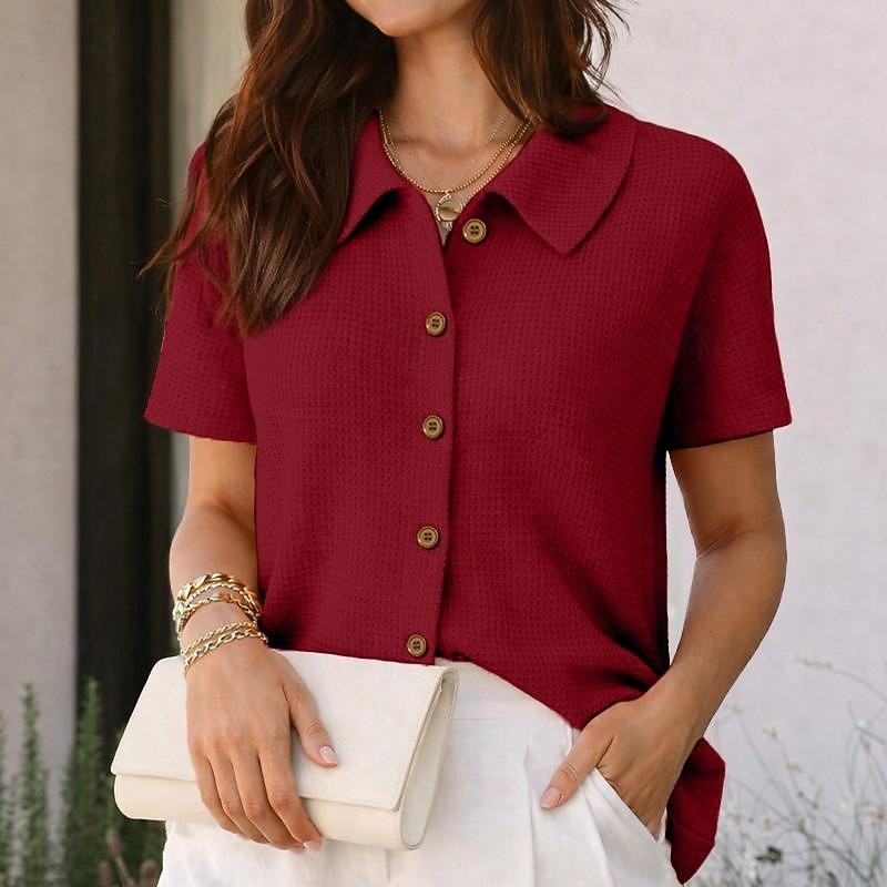Per donna Camicia Camicia a nido d'ape Camicia casual Camicia con Bottoni Bottoni Tinta unica Semplice Vacanza Moda Quotidiano Manica Corta Collo ripiegato Top Regolari All'aperto Abbigliamento del 2026 a $25.99 –P6