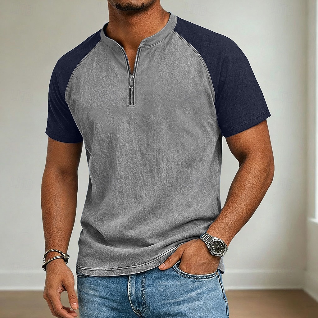 Per uomo Camicia 100% cotone lavaggio acido Manica Corta Zip a un quarto Primavera & Estate Estate Primavera Blocco di colori Patchwork Retrò Vintage Casual Henley Patchwork Stile Vintage Blocco di del 2026 a $29.99 –P4