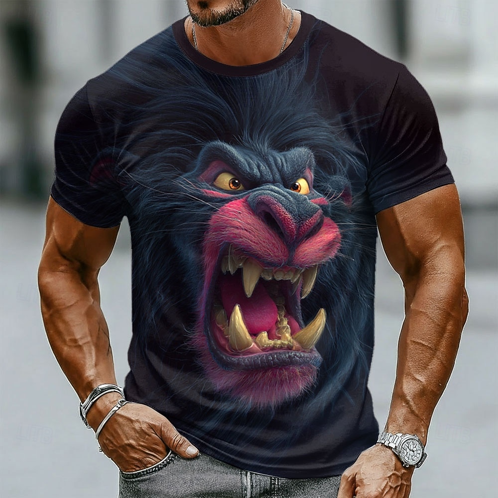 Maglietta da uomo con stampa realistica di bulldog nero ruggente e denti aguzzi, girocollo, maniche corte, grigia, casual, ideale per la palestra o l'allenamento, regalo per gli amanti dei cani, del 2026 a $18.99 –P3