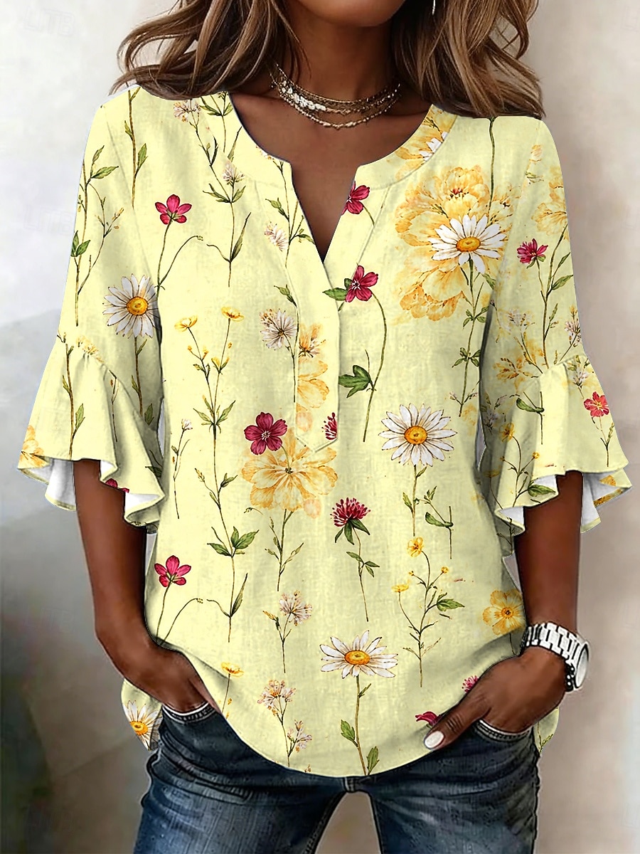 Dames Blouse Ruche Afdrukken Bloemig Grafisch Vakantie Dagelijks Retro vintage 3/4 mouw V-hals Normale tops Casual Dagelijks Feestdagen blauw Geel Blozend Roze Paars Zomer Lente 2026 - $26.99 –P1