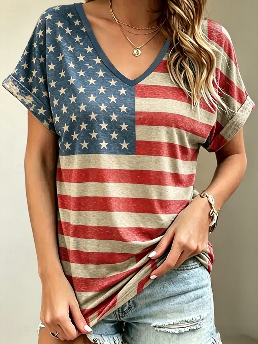 American Independence Day Women's T Shirt Print Graphic American Flag Vintage Stylish Classic Short Sleeve V Neck Regular Tops Casual Daily Weekend Blue White Red Summer Spring 2026 - $21.99 –P2