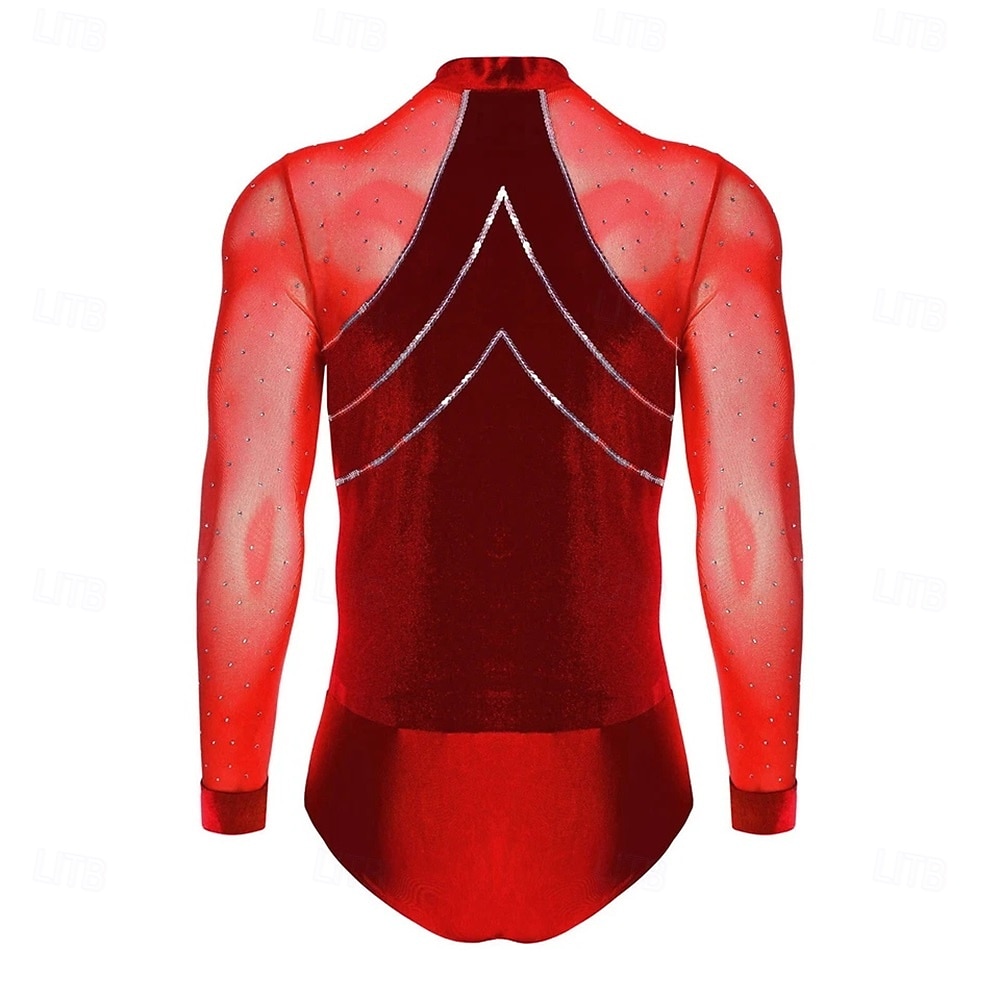 Men's Red Rhinestone Latin Dance Bodysuit Deep V Mesh Long Sleeve Ballroom Performance Costume 2026 - $242.49 –P5