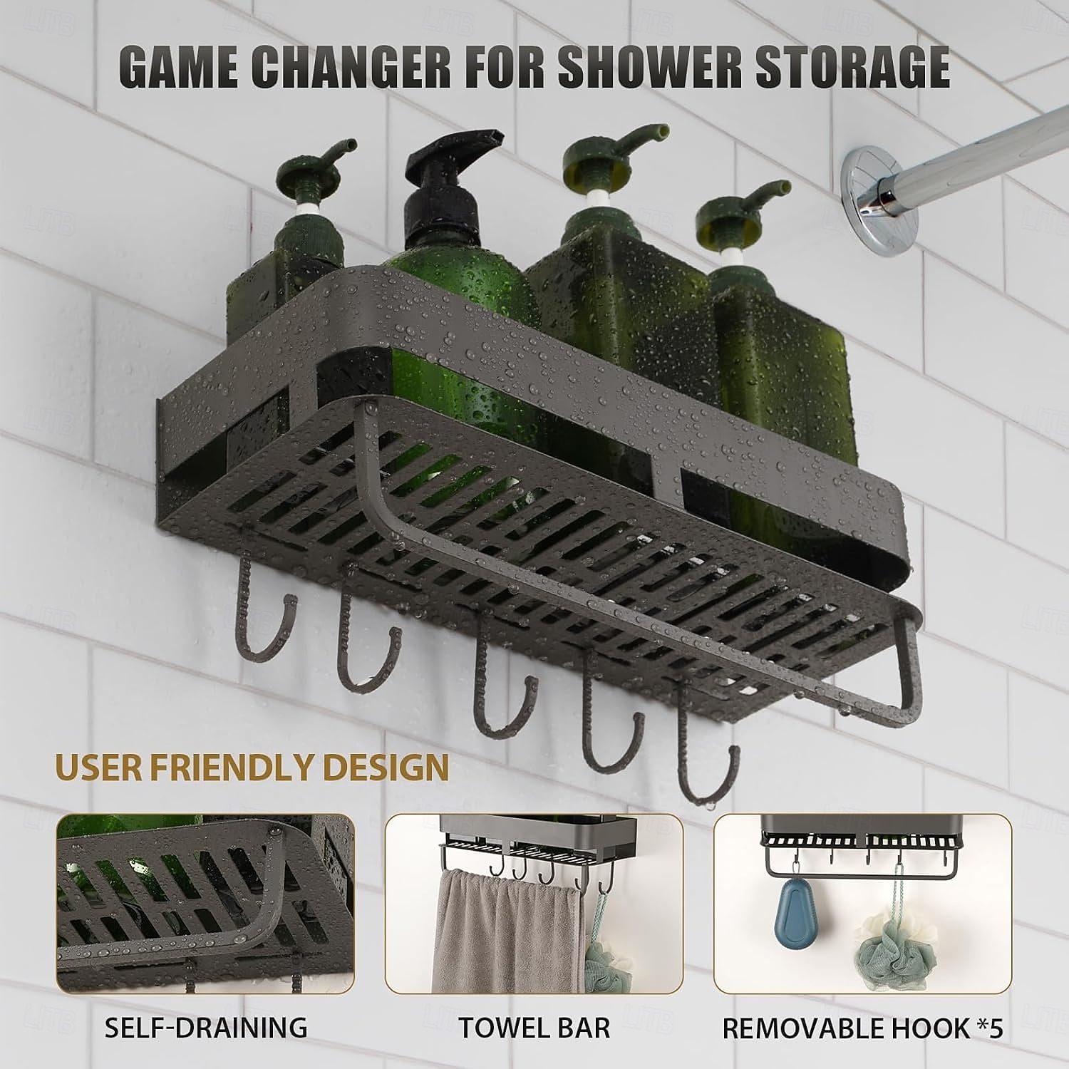 Extended version Adhesive Shower Caddy, 40cm / 15.7 inch Stainless Steel Shower Shelves for Inside Shower with Hooks & Towel Bar-No Drilling 2026 - $23.99 –P5