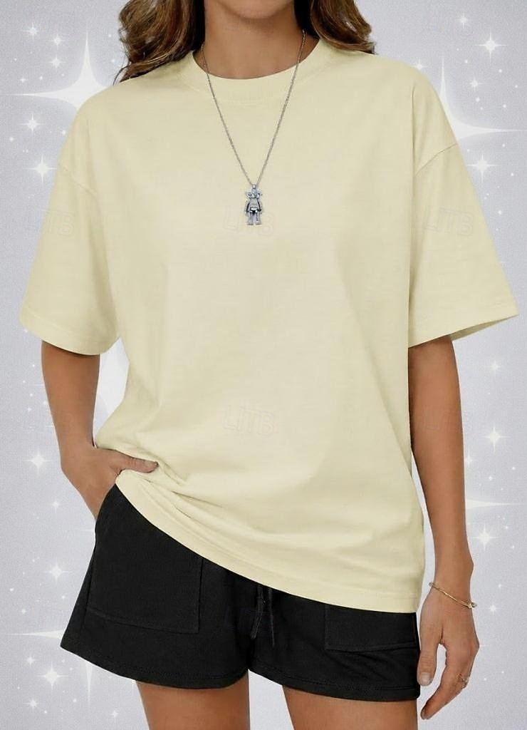 Camiseta de mujer de 100% algodón oversized camiseta de color sólido moda clásica casual de manga corta cuello redondo tops regulares para deportes salir diario verde salvia negro blanco amarillo 2026 - $24.99 –P13