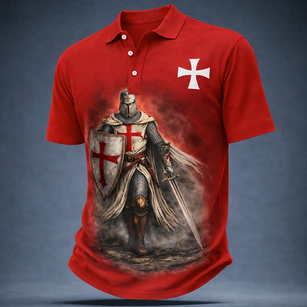 Męskie Templariusze Koszulki polo Krótki rękaw Koszulki polo Klapa Codzienny Ulica Athleisure Dzienne zużycie Druk 3D Guziki Oddychająca siateczka Lato Wiosna Czarny Biały Czerwony 2026 - $21.99 –P3