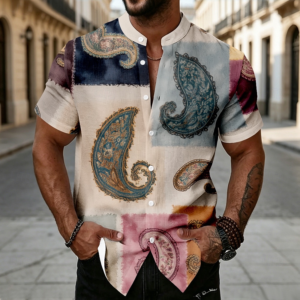 Men's Paisley Patchwork Floral Print Shirt Button Up Shirt Stand Collar Shirt Short Sleeve Ethnic Vintage Retro Vacation Dailywear Beach Wear Summer Spring Mandarin Collar 3D Print Linen Like Shirt 2026 - $25.99 –P1