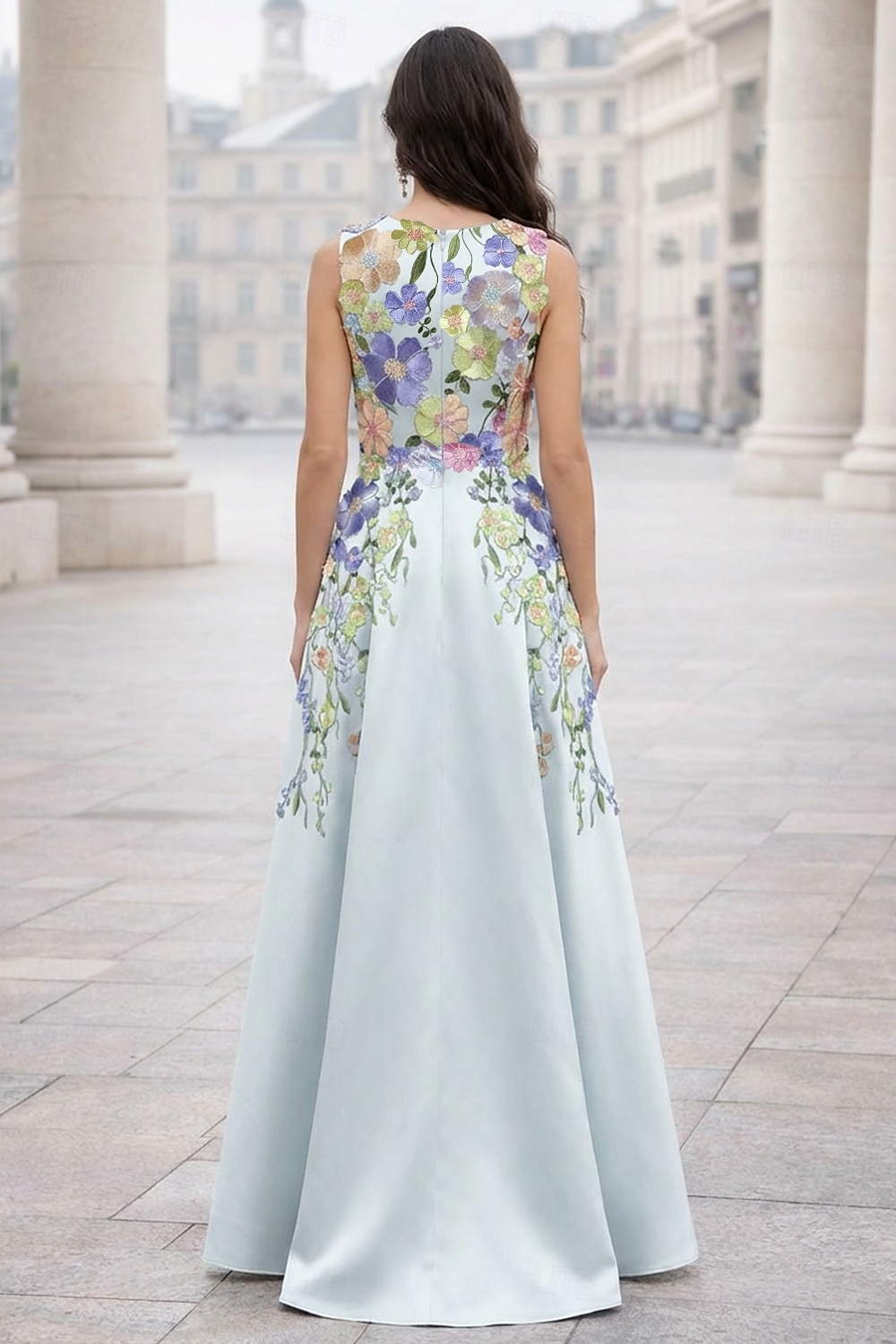 Corte A Hasta el Suelo Vestidos de noche Elegante Estilo de Celebridad Princesa Sin Mangas Escote en Pico Fiesta de jardin Boda Bolsillo Satén con Flor bordada Plisado Bordados 2026 - $171.99 –P5