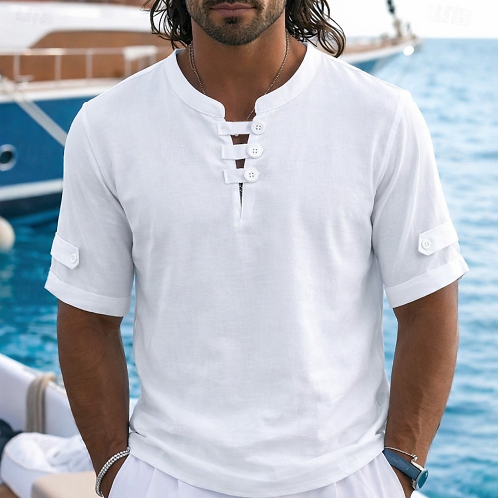 Per uomo Camicia di lino Polo Casuale Vacanza Senza colletto Manica Corta Vacanza Moderno Semplice Blocco di colore Bottoni Estate Primavera Blu Bianco Giallo Rosso Grigio Camicia di lino del 2026 a $10.49 –P1