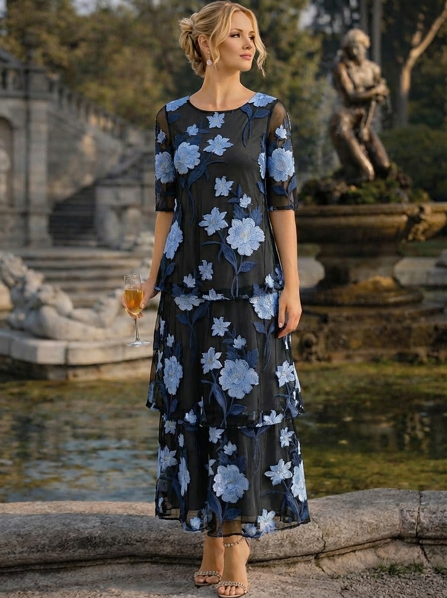 A-linje Kjoler Ankellengde Festkjole Cocktail Kjole Kjole til brudens mor Halvlange ermer Øsehals Elegant Årgang Formell Bryllupsgjest Ferie Chiffon med Blomstertrykk Drapert Broderi 2026 - $186.99 –P5