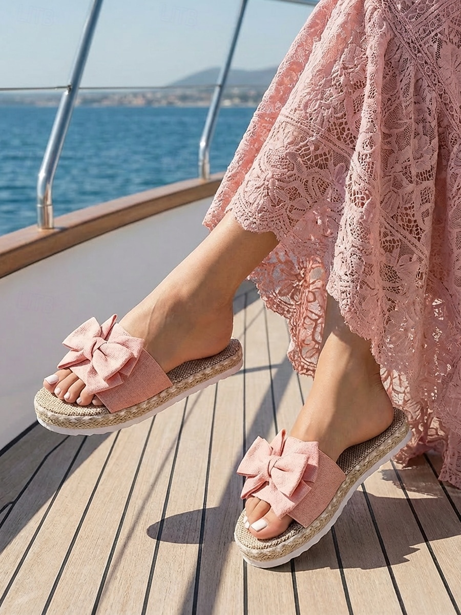 Naisten kermanväriset pellavaiset rusettivartiset sandaalit - elegantit espadrillot flatform-kengät risteilylomille ja trooppisille kesälomille &ylellinen lomakeskusvaate 2026 - $26.99 –P4
