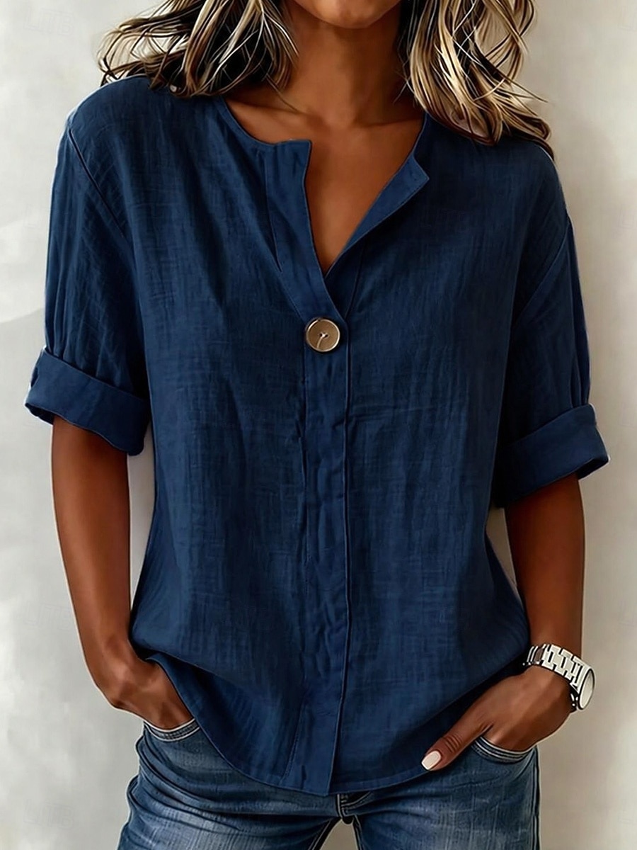 Women's Linen-feel Shirts Blouse Solid Color Plain Vintage Stylish Basic Short Sleeve V Neck Long Tops Casual Daily Pink Sky Blue Dark Blue Beige Summer Spring 2026 - $8.49 –P7