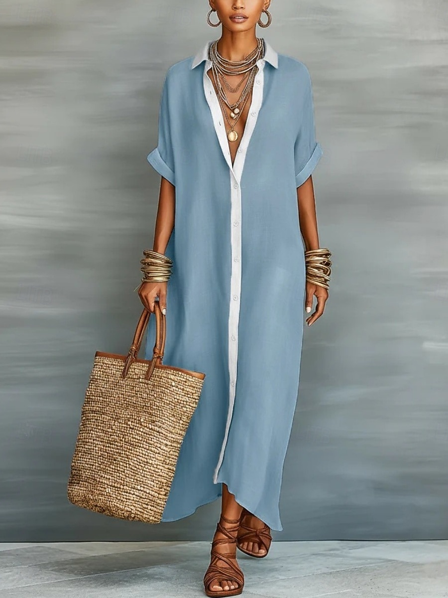 abito lungo da donna in cotone e lino, camicia, abito a tubino, abito estivo, casual, vestibilità ampia, tinta unita, manica a 3/4, risvolto, nero, rosa, azzurro, verde, estate, primavera del 2026 a $14.99 –P1