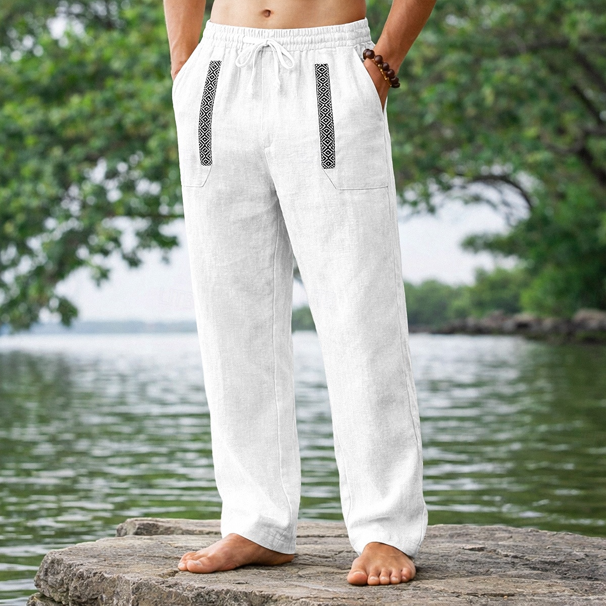 Homens Calças de linho Calça verão Calças de praia Com Cordão Patchwork Perna reta Tecido Conforto Respirável Comprimento total Casual Diário Feriado Férias Moda Preto Branco Sem Elasticidade de 2026 por $24.99 –P4