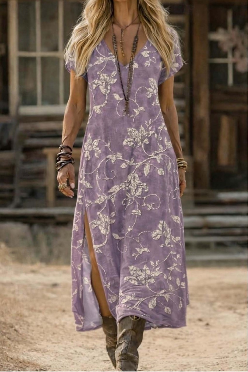Women's Midi Dress Sundress A Line Dress Vacation Casual Boho Beach Going out Standard Fit Floral Graphic Short Sleeve V Neck Blue Light Purple Summer Spring 2026