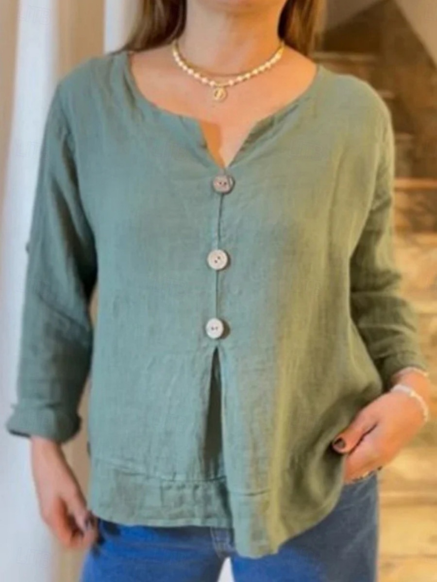 Femmes Chemise Chemise en coton et lin Chemisier Boutons Uni Élégant Classique Moderne manche longue Col en V Hauts Réguliers Quotidien Fête Sortir Bleu Noir Blanche Vert Abricot Été Printemps de 2026 ? E£1475.35 –P3